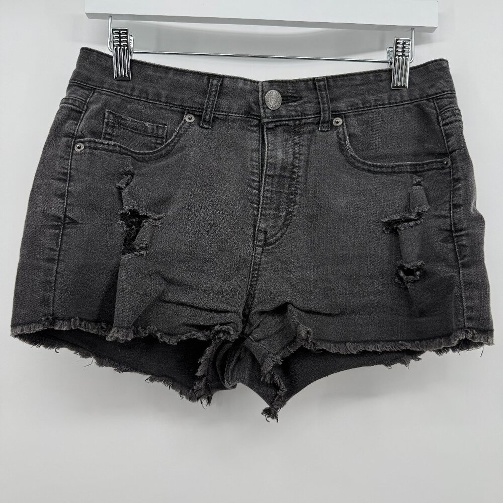 Aeropostale Women’s Black Denim High‎ Rise Shorty Shorts Sz 8 Distressed Cutoffs